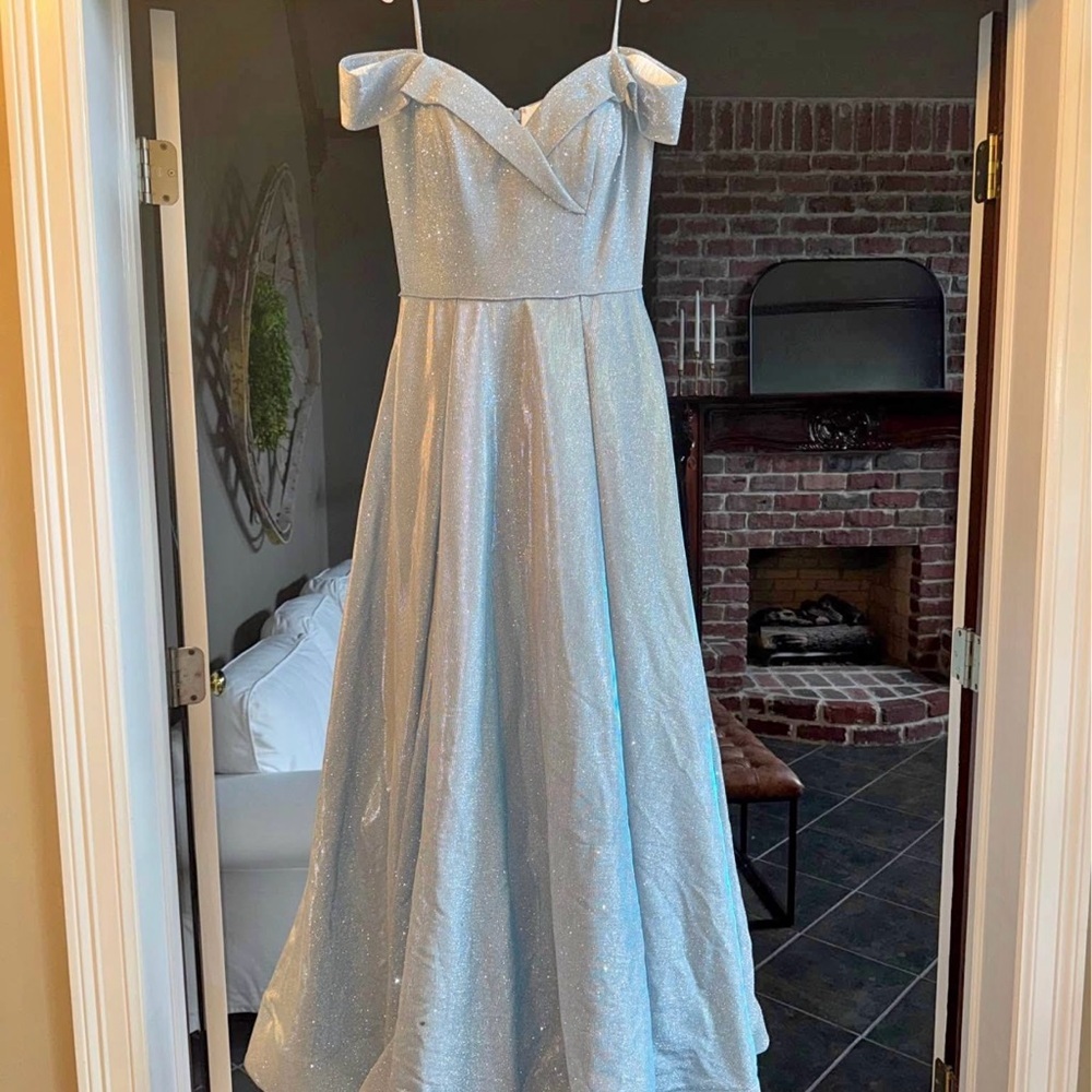 GLO Jeans Blue Pleated Gown with Flutter Sleeves